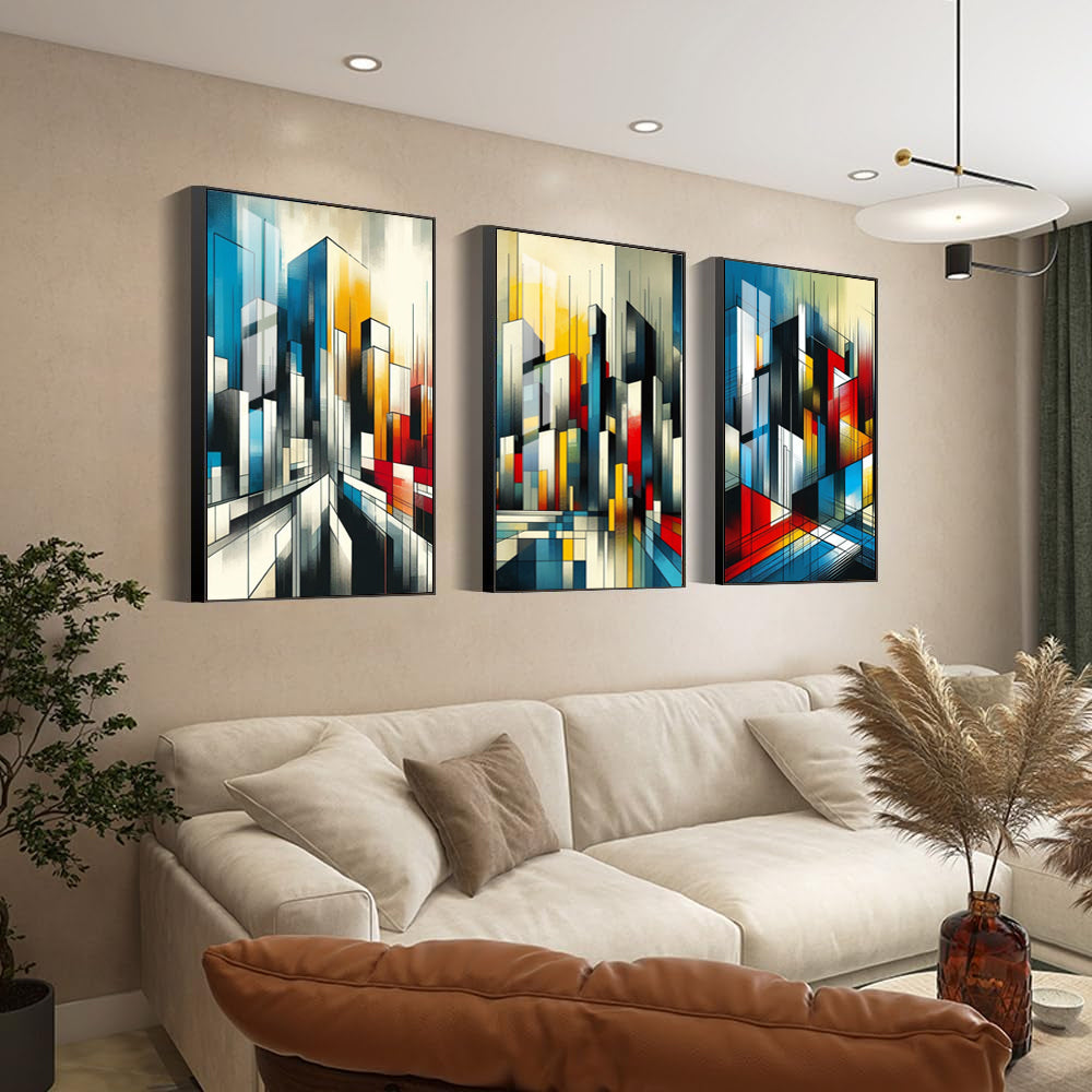 Printable Abstract Cityscape Wall Art Set - Geometric Shapes and Vibrant Colors