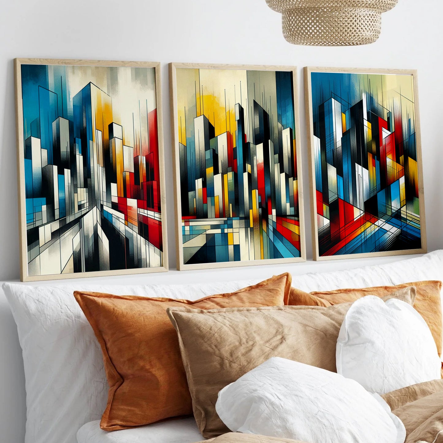 Printable Abstract Cityscape Wall Art Set - Geometric Shapes and Vibrant Colors