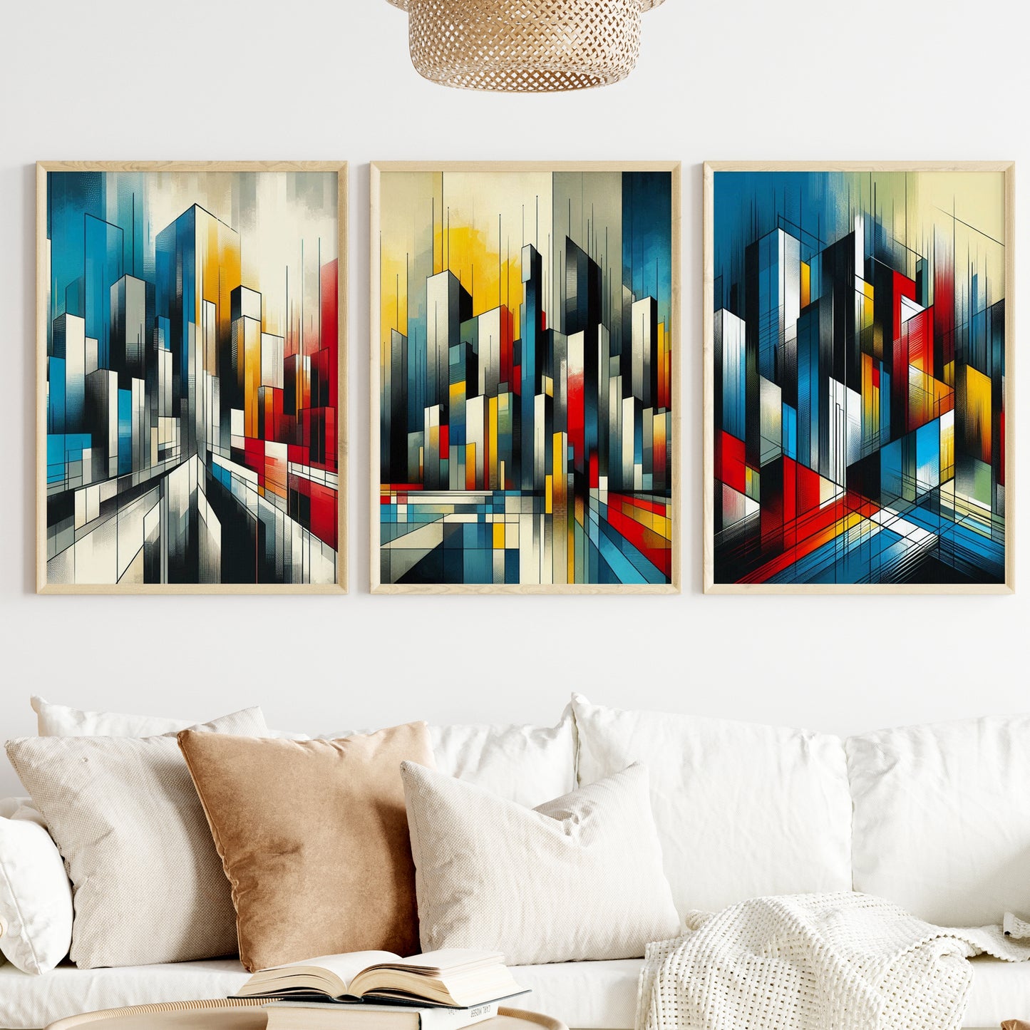 Printable Abstract Cityscape Wall Art Set - Geometric Shapes and Vibrant Colors